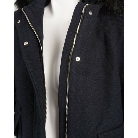Zara Womens Navy Blue Wool Coat Jacket S Faux Fur - Picture 7 of 8